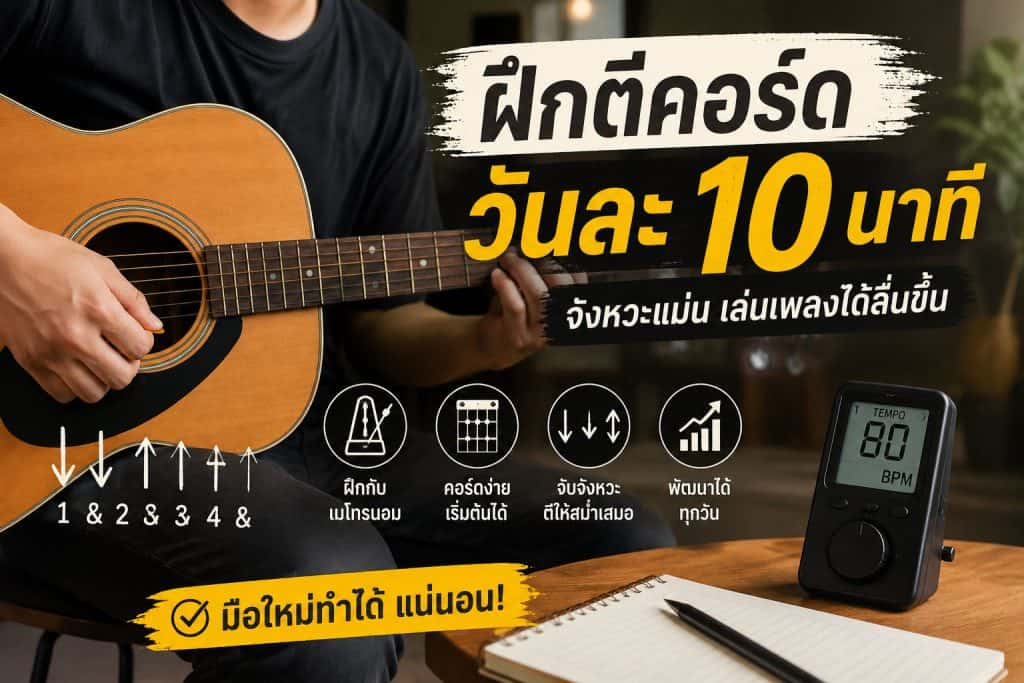 มือใหม่กำลังฝึกตีคอร์ดกีตาร์วันละ 10 นาที พร้อมเมโทรนอมสำหรับฝึกจังหวะบนกีตาร์โปร่ง